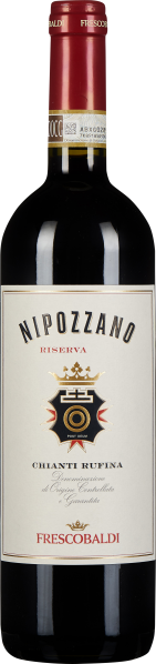 Die Weinflasche zeigt ein elegantes Etikett in Weiß und Gold mit einem Wappen in der Mitte. Der Flaschenhals ist mit einer roten Kapsel bedeckt, die das Design abrundet.