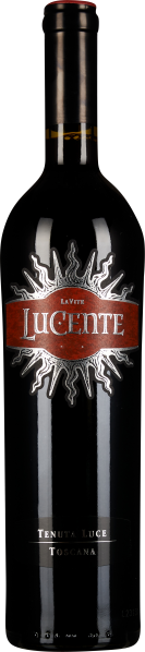 Dunkle Weinflasche mit elegantem, glänzendem Etikett in Schwarz und Rot, verziert mit einem silbernen Sonnensymbol.