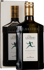 Dunkle Glasflasche mit goldenem Schraubverschluss und elegantem Etikett, das einen stilisierten Läufer zeigt. Verpackung im Hintergrund mit passendem Design.