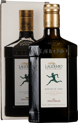 Dunkle Glasflasche mit goldenem Schraubverschluss und elegantem Etikett, das einen stilisierten Läufer zeigt. Verpackung im Hintergrund mit passendem Design.