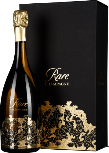 Schwarze Champagnerflasche mit goldener Verzierung und goldener Folie an der Flaschenmündung; daneben eine elegante schwarze Schachtel mit goldenen dekorativen Elementen.