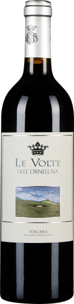 Dunkle Weinflasche mit silbernem Schraubverschluss, schlichtem cremefarbenen Etikett und einem Landschaftsbild in der Mitte.