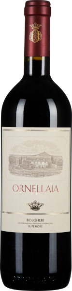 Dunkle Weinflasche mit rotem Kapselverschluss. Das Etikett ist cremefarben mit einem detaillierten Bild einer Landschaft und eleganten Schriftzügen.