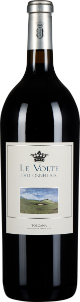 Eine elegante Weinflasche mit dunkelrotem Inhalt und einem silbernen Halsverschluss. Das Etikett präsentiert ein stilvolles Design mit einem kleinen, lebendigen Landschaftsbild in der Mitte.