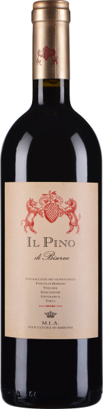 Eine Flasche Rotwein mit dunklem Glas, einem goldenen Hals und einem beige Etikett, verziert mit roten, dekorativen Mustern und Schrift.