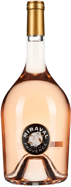 Flasche mit blassroséfarbenem Wein, elegant geschwungenem Glas und goldener Kapsel auf dem Flaschenhals.