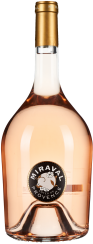Flasche mit blassroséfarbenem Wein, elegant geschwungenem Glas und goldener Kapsel auf dem Flaschenhals.