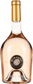 Klarglas-Weinflasche mit roséfarbenem Wein, goldener Kapsel und elegantem Etikett mit rundem Logo.