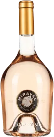 Klarglas-Weinflasche mit roséfarbenem Wein, goldener Kapsel und elegantem Etikett mit rundem Logo.