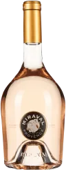 Klarglas-Weinflasche mit roséfarbenem Wein, goldener Kapsel und elegantem Etikett mit rundem Logo.