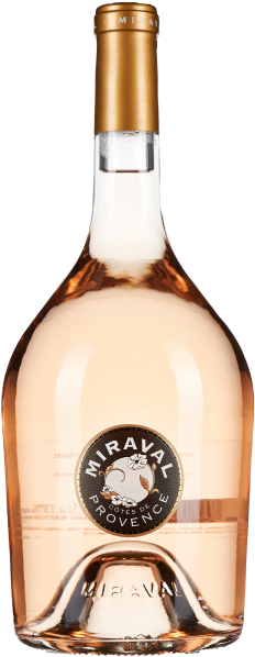 Roséwein in einer eleganten, klaren Flasche mit einem goldfarbenen Hals und einem markanten, runden Etikett mit floralen Akzenten.