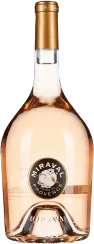 Roséwein in einer eleganten, klaren Flasche mit einem goldfarbenen Hals und einem markanten, runden Etikett mit floralen Akzenten.