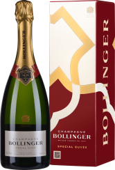 Eine elegante Champagnerflasche mit grünem Glas, goldener Halsfolie und schwarzem Etikett mit rotem Akzent. Daneben eine stilvolle, rot-weiße Geschenkbox mit goldenen grafischen Elementen.