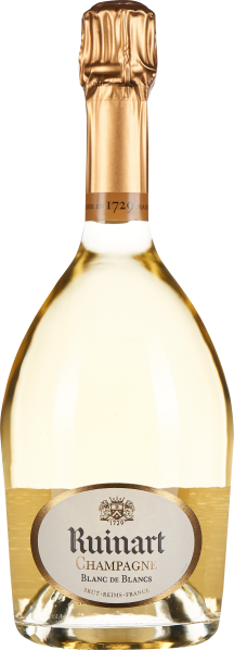Flasche mit klarem Weißwein in einer bauchigen Form, der Verschluss ist mit goldener Folie umwickelt. Das Etikett ist oval und cremefarben mit goldenen Akzenten.