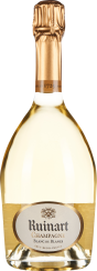 Flasche mit klarem Weißwein in einer bauchigen Form, der Verschluss ist mit goldener Folie umwickelt. Das Etikett ist oval und cremefarben mit goldenen Akzenten.