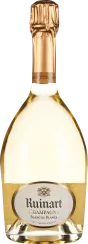 Flasche mit klarem Weißwein in einer bauchigen Form, der Verschluss ist mit goldener Folie umwickelt. Das Etikett ist oval und cremefarben mit goldenen Akzenten.