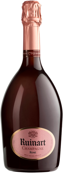 Flasche mit geschwungener Form, transparent dunkel und rosafarbenem Etikett, verziert mit kupferfarbener Folie auf dem Flaschenhals.