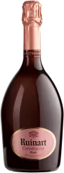 Flasche mit geschwungener Form, transparent dunkel und rosafarbenem Etikett, verziert mit kupferfarbener Folie auf dem Flaschenhals.