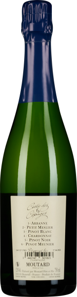 Grüne Sektflasche mit blauem Verschluss und hellem Etikett.