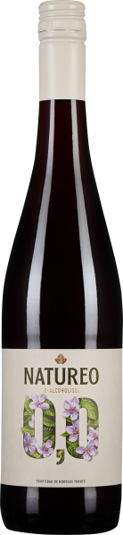 Dunkle Weinflasche mit cremefarbenem Schraubverschluss und elegantem Etikett. Das Etikett zeigt florale Elemente um die Zahl 0,0, was auf den alkoholfreien Inhalt hinweist.