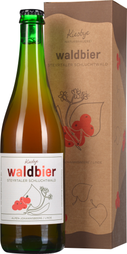 Grüne Bierflasche mit weißem Etikett, das stilisierte rote Beeren und Pflanzen zeigt, vor einer passenden Kartonverpackung mit ähnlichem Design.