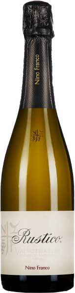 Eine schlanke Sektflasche mit schwarzem, strukturiertem Hals und goldfarbenem Schriftzug. Das Etikett ist cremefarben mit elegantem Schriftzug und detailliertem, dezentem Muster.