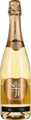 Eine Flasche Schaumwein mit goldener, glänzender Kapsel und einem beige-goldenen Etikett in Schildform; der Wein präsentiert sich in einem klaren, hellgoldenen Farbton.