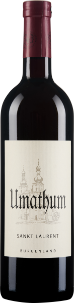 Eine dunkle Weinflasche mit einem roten, hochglänzenden Verschluss. Das Etikett ist cremefarben mit einem detaillierten schwarz-weißen Zeichnung einer Kirche und eleganter schwarzer Schrift.