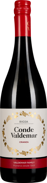 Die Weinflasche zeigt ein elegantes Design mit einem roten Schraubverschluss. Das Etikett ist in Weiß gehalten, verziert mit goldenen Blätterornamenten. Der untere Teil des Etiketts enthält einen roten Streifen.