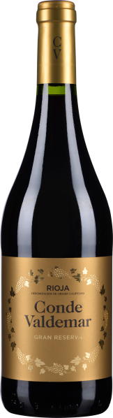 Dunkle Weinflasche mit einer goldenen Etikette, verziert mit Traubenmotiven und einem eleganten Schriftzug, sowie einem goldenen Flaschenhals.