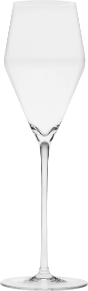 Ein transparentes Weinglas mit langem, schmalem Stiel und elegant geschwungener Kelchform.