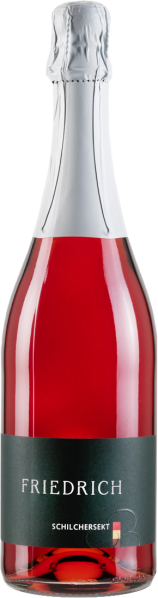 Die Abbildung zeigt eine Flasche mit einem roséfarbenen Schaumwein, die von einem silbernen Foliendeckel gekrönt ist. Das Etikett ist dunkel und schlicht gestaltet. Die Farbe des Weins ist kräftig und ansprechend.