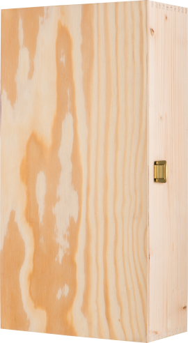 Holzkiste mit natürlicher Maserung und einem goldfarbenen Verschluss an der Seite.