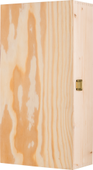 Holzkiste mit natürlicher Maserung und einem goldfarbenen Verschluss an der Seite.
