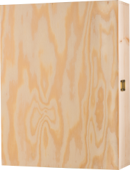 Holzkiste mit natürlicher Maserung und einer Metallklammer an der Seite.