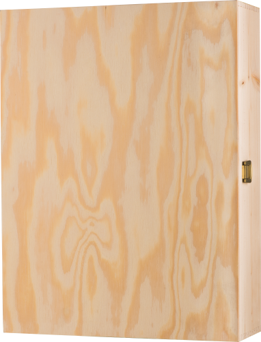 Holzkiste mit natürlicher Maserung und einer Metallklammer an der Seite.