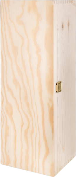 Holzkiste mit natürlicher Maserung und einer goldenen Metallklammer an der Seite. Der helle Holzton verleiht der Kiste eine schlichte, rustikale Optik.