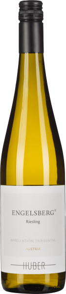 Klare Weißweinflasche mit goldenem Inhalt, schlankem Hals und schwarzem Schraubverschluss, schlichtes weißes Etikett.