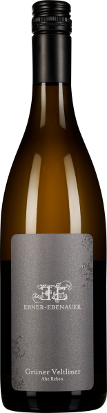 Braune Weinflasche mit schwarzem Schraubverschluss, etikettiert mit grauem, strukturiertem Etikett und dezentem floralem Design.