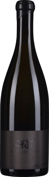 Dunkle Weinflasche mit mattem, schwarzem Etikett; elegantes Design mit stilisiertem Logo und schlichtem Verschluss.