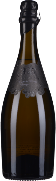 Flasche mit dunklem Glas und elegantem, schwarzen Etikett; markanter Hals mit schwarzem Wachssiegel.