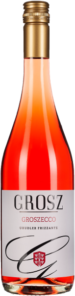 Flasche mit roséfarbenem Wein, leuchtend orange-roter Farbton, elegantes Etikett, goldener Schraubverschluss.