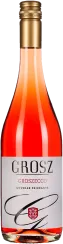 Flasche mit roséfarbenem Wein, leuchtend orange-roter Farbton, elegantes Etikett, goldener Schraubverschluss.