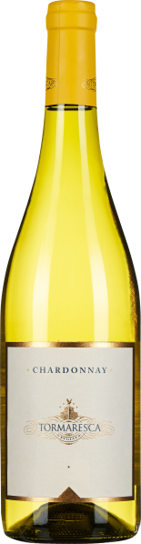 Klarglasflasche mit gelbem Wein, gelbem Verschluss und einem elegant gestalteten Etikett in Weiß mit goldenen Details.