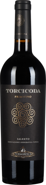 Dunkle Weinflasche mit elegantem schwarzem Etikett und goldenen Verzierungen, die einen stilisierten Kreis bilden.