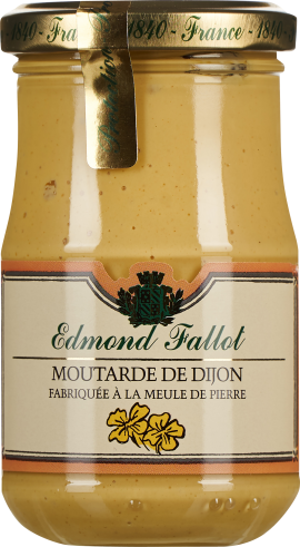 Glas mit hellgelber Dijon-Senfcreme, verziert mit goldfarbenem Deckel und klassischem, cremefarbenem Etikett, das grüne und gelbe Details sowie ein Wappen zeigt.