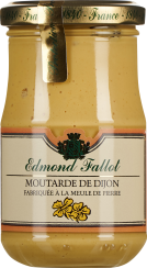 Glas mit hellgelber Dijon-Senfcreme, verziert mit goldfarbenem Deckel und klassischem, cremefarbenem Etikett, das grüne und gelbe Details sowie ein Wappen zeigt.