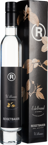 Eine schlanke, klare Glasflasche mit schwarzem Etikett und silberfarbenem Logo steht neben einer schwarz-goldenen Verpackung, die mit dezenten Illustrationen von Blättern verziert ist. Die edle Gestaltung vermittelt einen hochwertigen Eindruck.