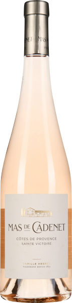 Eine elegante Weinflasche mit hellrosa Flüssigkeit, transparentem Glas und stilvollem, cremefarbenem Etikett.