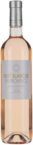 Eine elegante Weinflasche mit blassrosa Inhalt, silbernem Verschluss und einem grau-silbernen Etikett.